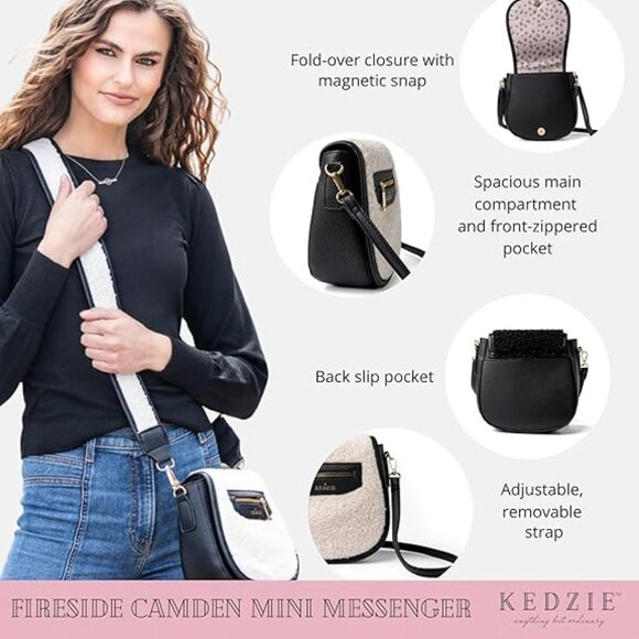 KEDZIE Crossbody Mini Messenger in Vegan Leather Faux Shearling Handbag - Picture 3 of 9